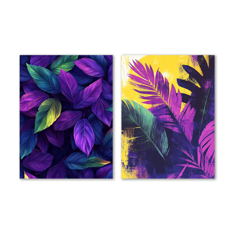 «Vibrant Leaf Explosion of Mauve I», ensemble de 2 impressions murales en métal mauve, 32" H x 48" W