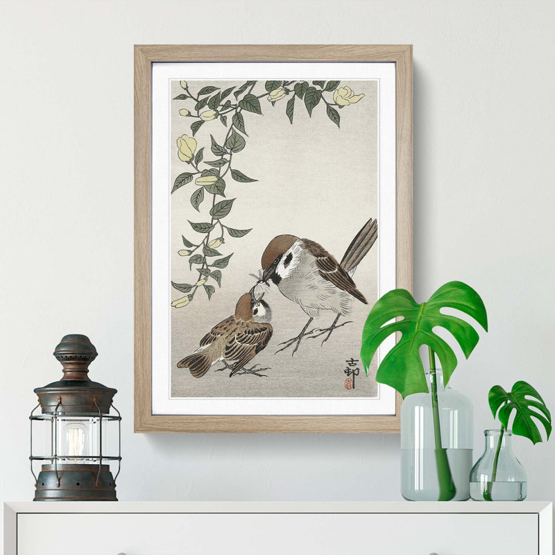 Sparrow Birds and Plants by Ohara Koson - Picture Frame Painting Print, Oak Framed, 36cm H x 27cm W x 2cm D