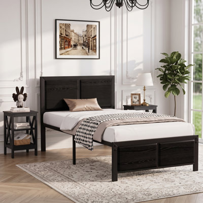 Batton 3 Piece Bedroom Furniture Set, Metal Platform Bed Frame With Wood Panel Headboard And Set Of 2 Industrial Nightstands, Wood & Metal Bedside Tables With Storage Shelves, No Box Spring Needed