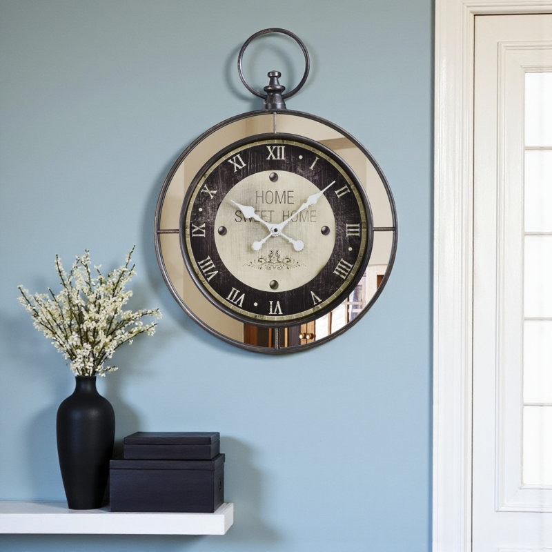 Marit Round Wall Clock in Brown, Mirror, Transitional Style