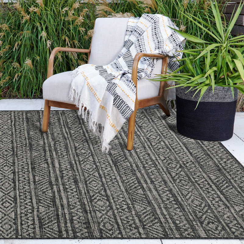  Outdoor Rug - Waterproof Easy to Clean Stain Resistant - Patio Indoor Outdoor Porch Deck Balcony Entryway - Striped Boho - Amman - Charcoal - 6' x 9'