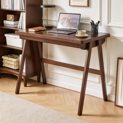 100% Natural Rubber Wood Solid Computer Desk, Mid Century Modern Retro Walnut Finish Writing Desk With Drawer, Sturdy A-Frame Leg Home Office Workstation, Large Spacious Surface Study Laptop Table For