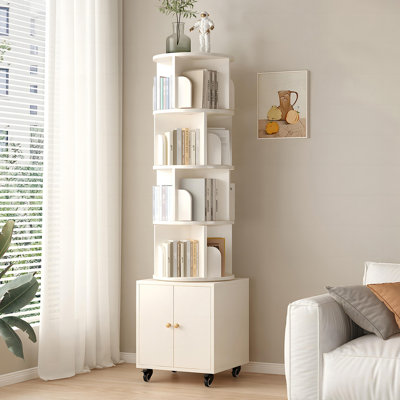 Rotating 5-Tier Wooden Corner Bookshelf with Drawer - Compact Floor Standing Storage (Walnut)