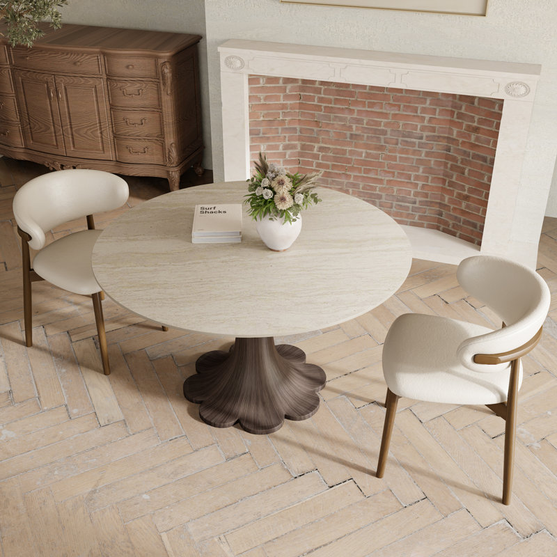 Breakfast Corner Nook Floral Shape Stone Dark Walnut Tone Dining Table Bistro Table For 2-4, 29.52"H x 39.37"L x 39.37" W