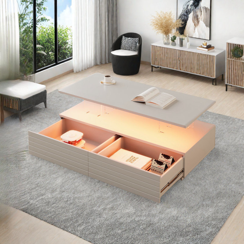 Modern Rectangular Coffee Table With Led Lights, 2 Drawers And Open Storage Shelf, White