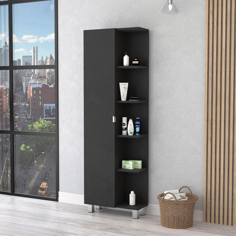 Armoire à linge en miroir, quatre tablettes intérieures, cinq tablettes extérieures, Noir