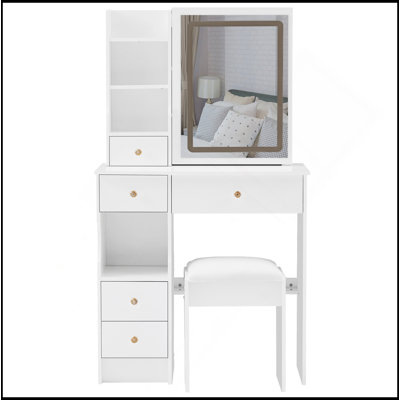 Petit meuble-lavabo de 29,2 po avec tabouret de bureau et tabouret rembourré à gauche 29,5 po, grande commande tactile, interrupteur tricolore, miroir à luminosité réglable, rangement à grande capacité, convient aux petits espaces