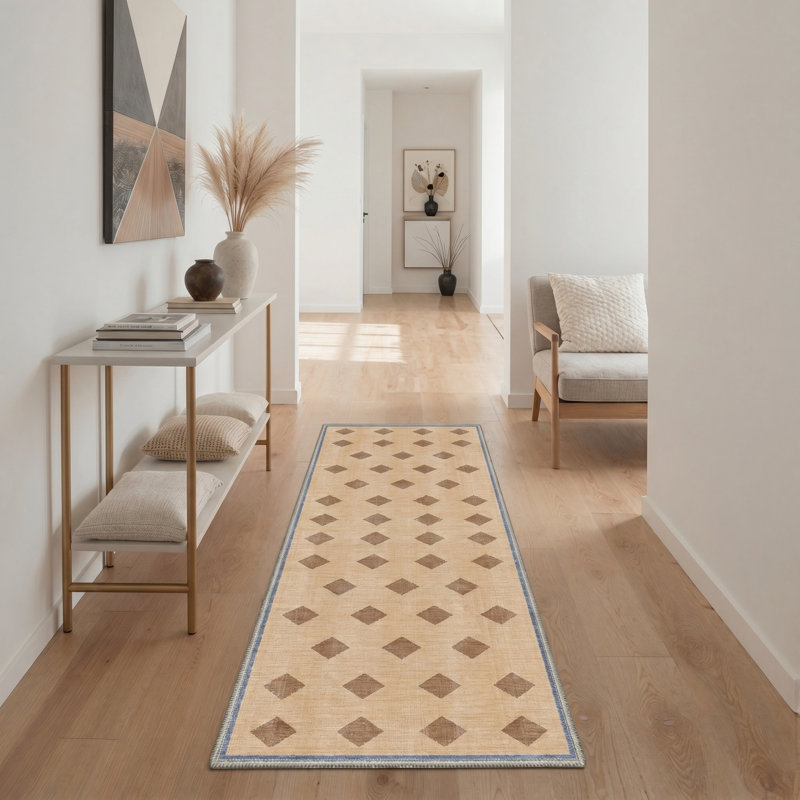 Diamondia Geometric Machine Washable Beige / Brown Indoor Area Rug with Non-Slip Backing, Runner 2' x 7'