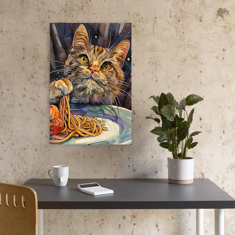 Art mural fantaisiste contemporain Cat's Spaghetti Dinner, H 18 po x l 12 po