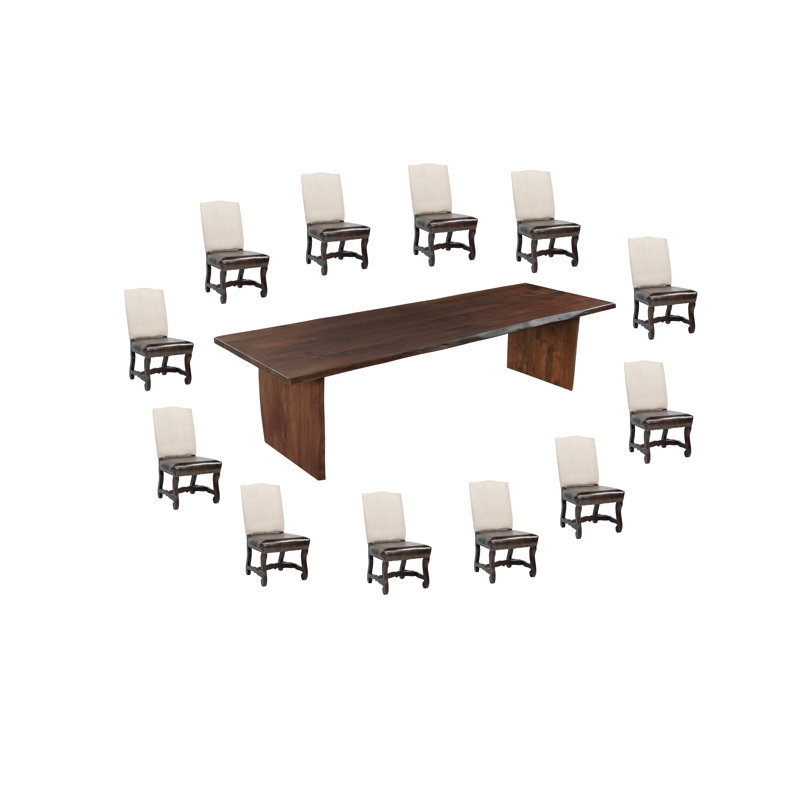 13-Piece Live Edge Solid Wood Dining Set, Brown, Beige/Dark Brown