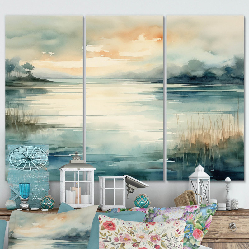 «Misty Lake Tranquility Retro Watercolor», reproduction sur toile tendue 3 pièces, H 40 po x l 60 po x P 1 po