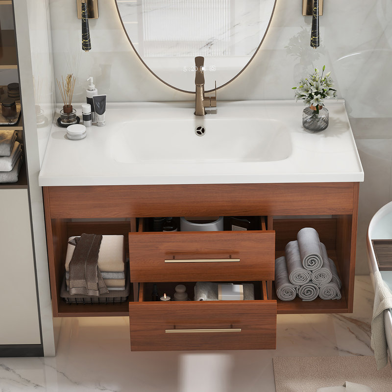 Meuble-lavabo simple de style moderne Mid-Century avec lavabo encastré intégré, offrant un rangement intelligent et un style intemporel pour votre salle de bain