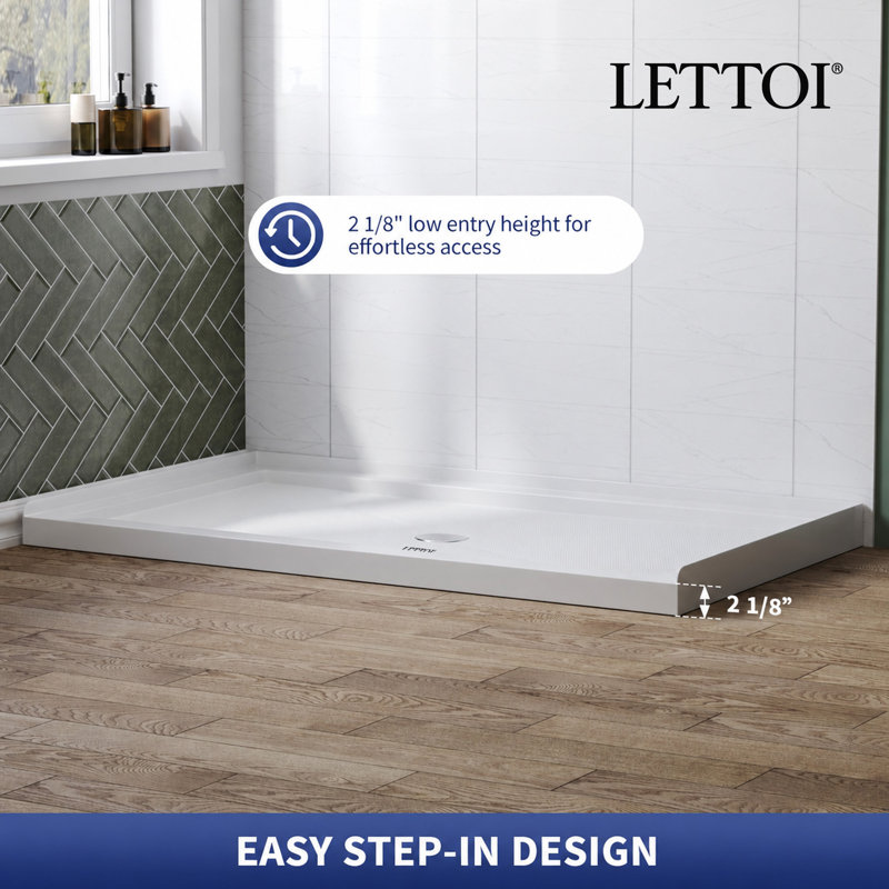 Bac de douche à simple seuil LETTOI blanc, base de douche 60 po x 34 po avec design antidérapant