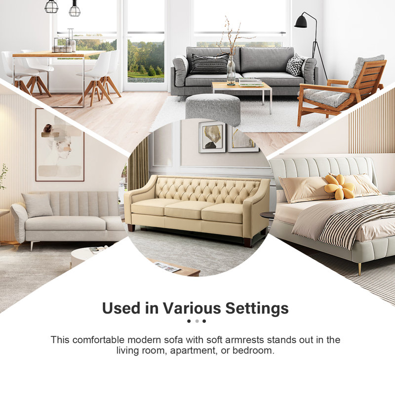 Bethea 81.28" Genuine Leather 3-Seat Sofa with Tufted Back, Beige Genuine Leather