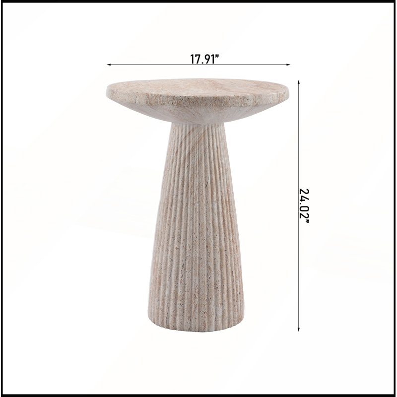 Table basse ronde à pied cannelé, plateau en oxyde de magnésium imitation travertin, pour intérieur et extérieur, diamètre 17,91 cm x hauteur 24,02 cm