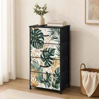 Commode 4 tiroirs pour chambre à coucher vert doré feuilles tropicales blanches Style sans couture Hawaii Botanical Small