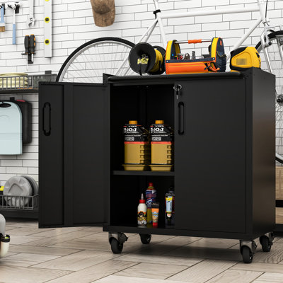 Heavy-Duty Metal Garage Storage Cabinet With Mobility Wheels - For Garage, Office, Home. Adjustable Shelves, Lockable Easy Maneuverability, Raised Top To Item Shift, Cabinet. Black Steel. 30.25"W X