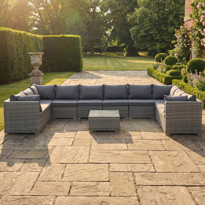 Taraf 392cm Wide U-Shaped Wicker Patio Sectional Set, Grey
