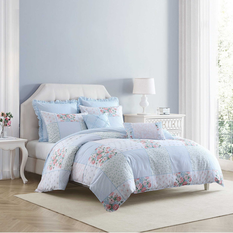 Laura Ashley Hope Patchwork Cotton Blue Bonus Duvet Cover Set, Queen Duvet Cover + 6 Additional Pieces
