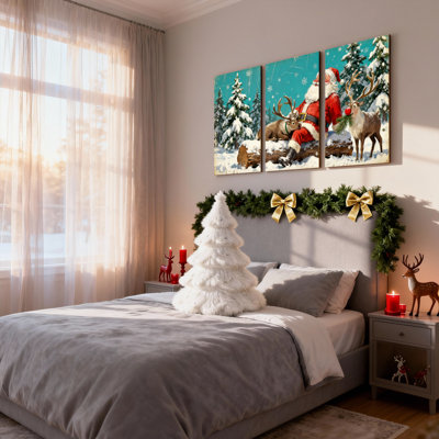 Père Noël de Noël avec renne dans la forêt enneigée, ensemble de 3 impressions sur toile