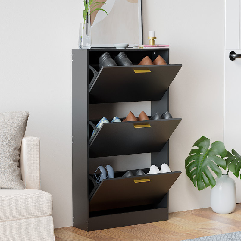 15 Pair Solid Wood Flip Down Shoe Storage, Black