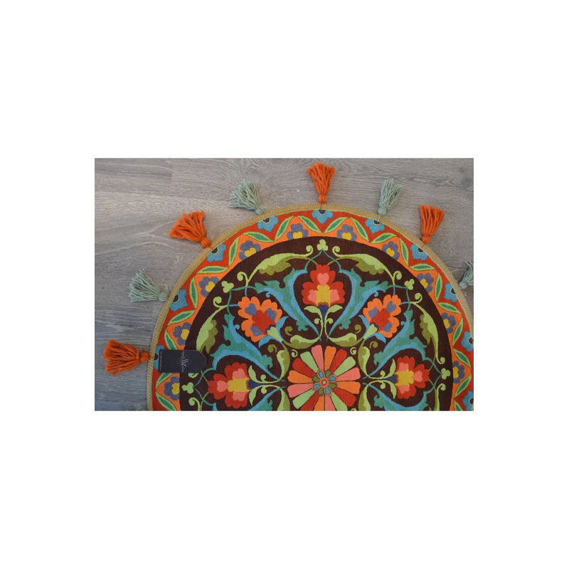 Suzani Ethnic Multicolored Tasseled Woven Base Round Decorative Carpet, Round 2'8"
