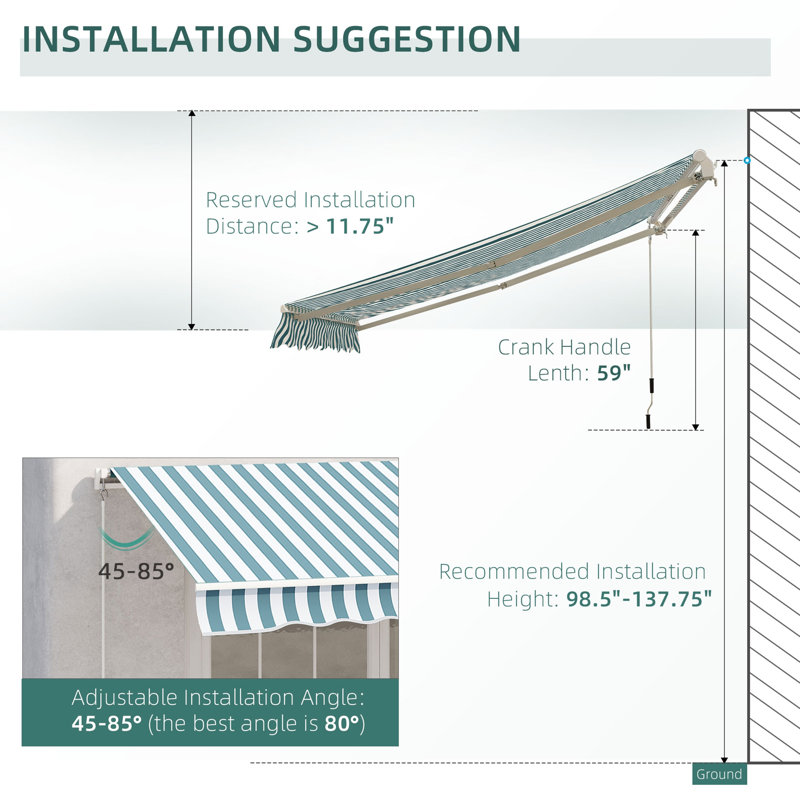 Patio Retractable Awning with Manual Crank, Exterior Sun Shade, 59" H x 120" W x 144" D, Green/White Striped