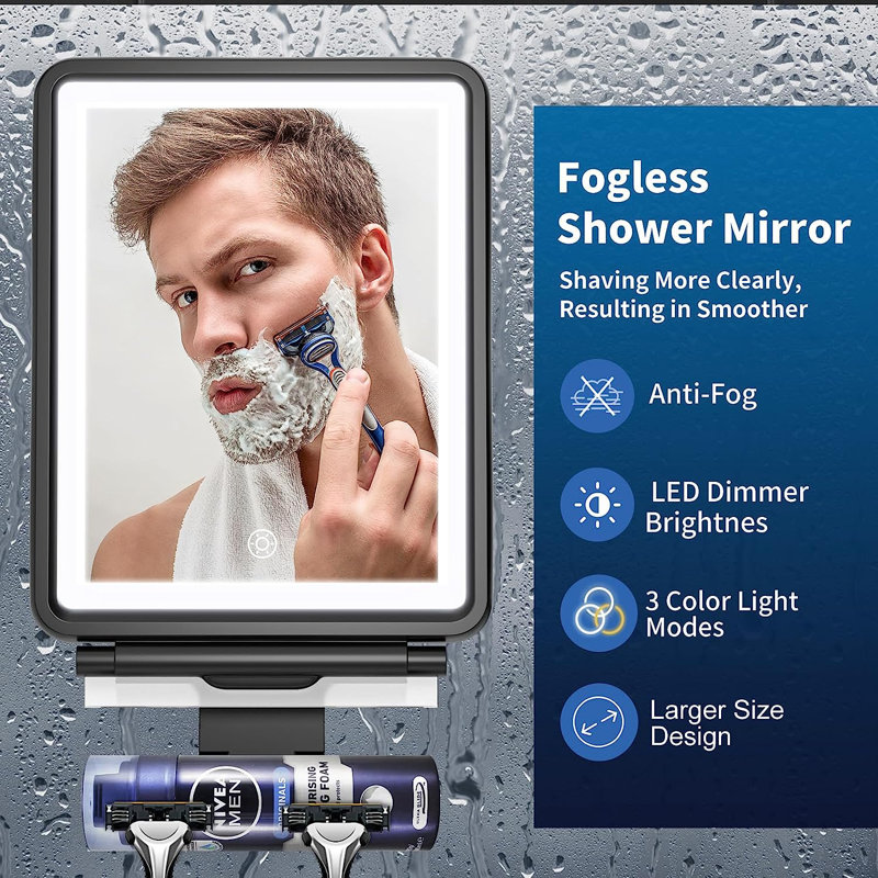 Brockley Rectangle Modern LED Lighted Wall Mounted Bathroom Vanity Shaving Shower Mirror, Black