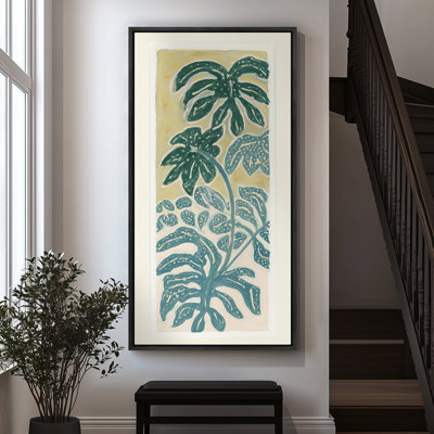 Tropical Monstera Leaves in Layered Teal and Yellow Block Print - Large Framed Canvas Master Bedroom Wall Art Print
