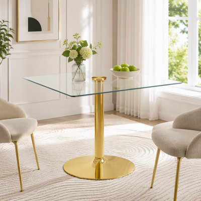 38.5" Square Glass Dining Table with Single-Column Base