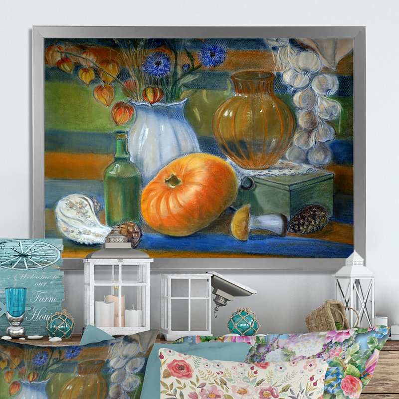 Nature morte avec citrouille et vase - reproduction sur toile avec cadre flottant, H 12 po x l 20 po x P 1 po