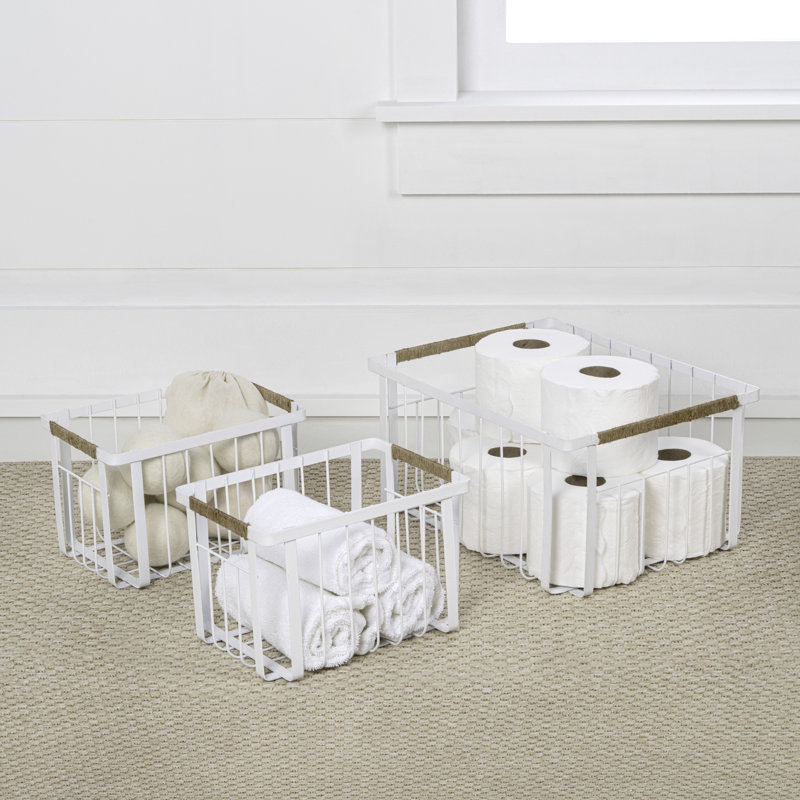Henley Vintage Farmhouse Handmade Wire Metal Nesting Storage Baskets with Jute Wrapped Handles (Set of 3), White