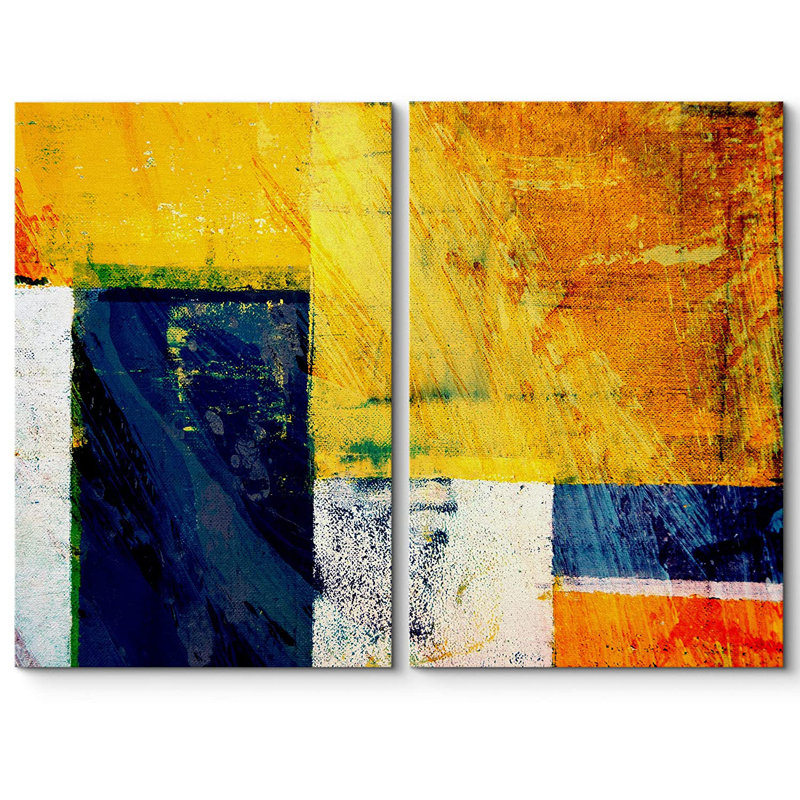 Blocs de couleur pastel jaune néon / bleu marine - reproduction sur toile 2 pièces, H 16 po x l 24 po x P 2 po, Toile tendue