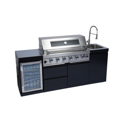 Îlot de barbecue au propane de 82 po à 6 brûleurs avec rôtissoire et réfrigérateur et évier pour l'extérieur