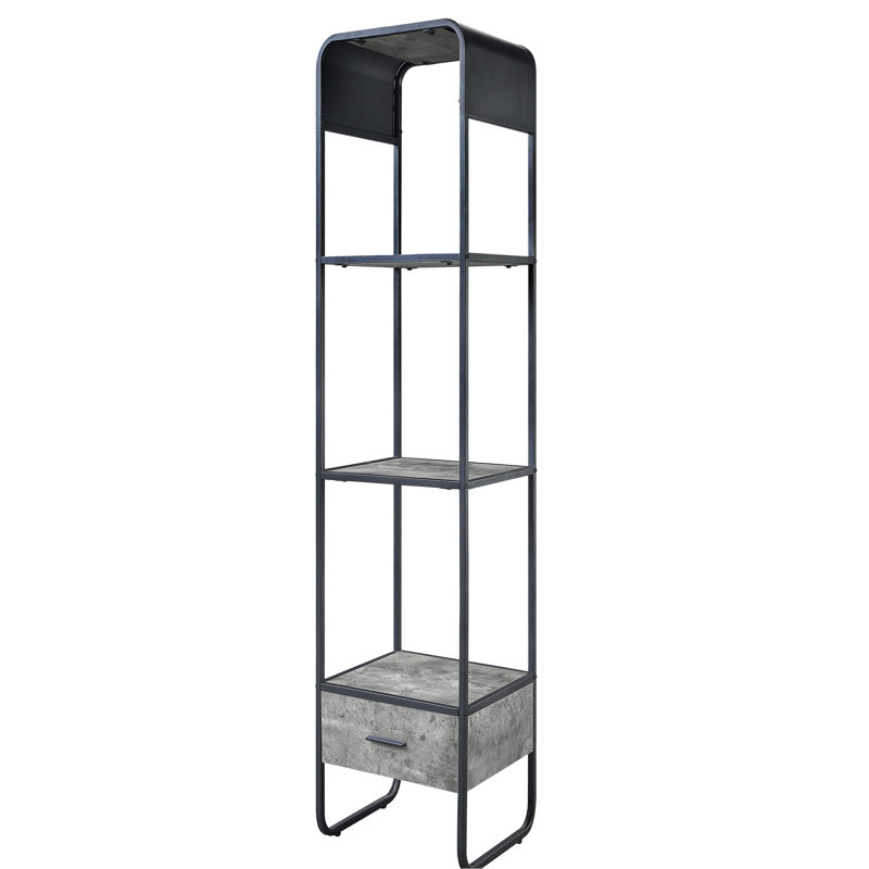 Élégant rangement latéral gris et noir en béton avec deux tablettes et une poignée en métal