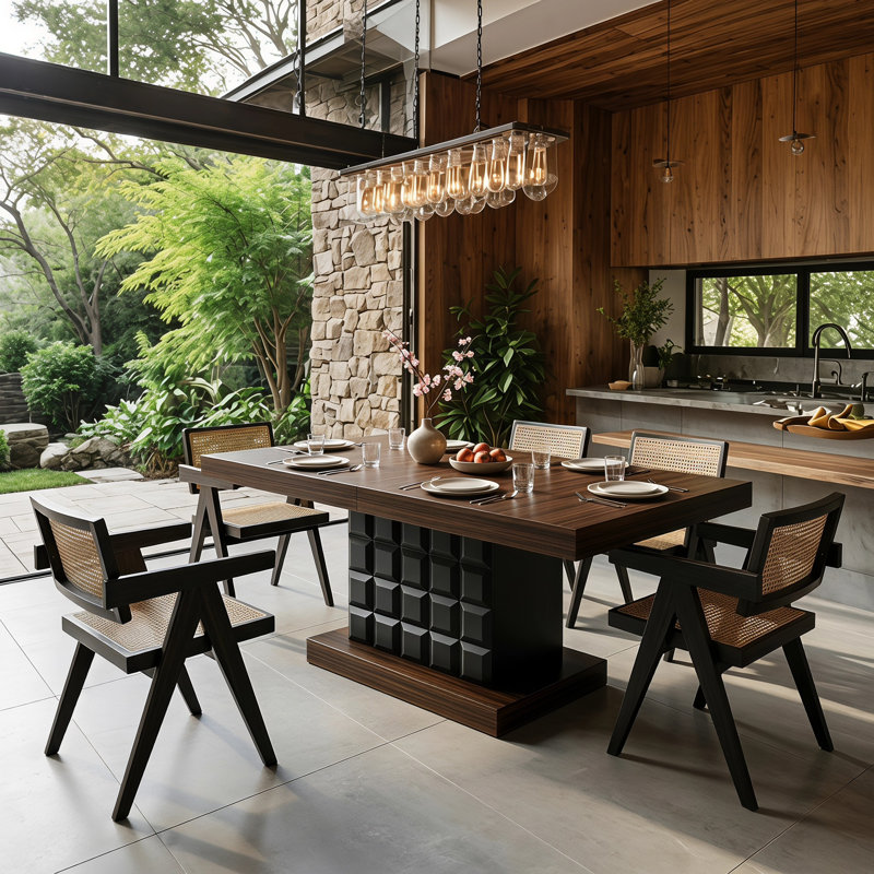 63'' Dining Table for 4-6, Modern Rectangular Dining Room Table with Geometric Relief, Brown/Black