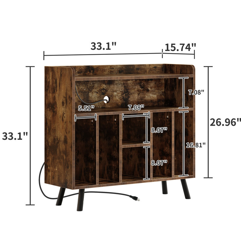 33.1'' H Record Player Stand with LED Lights & Power Outlets, Brown