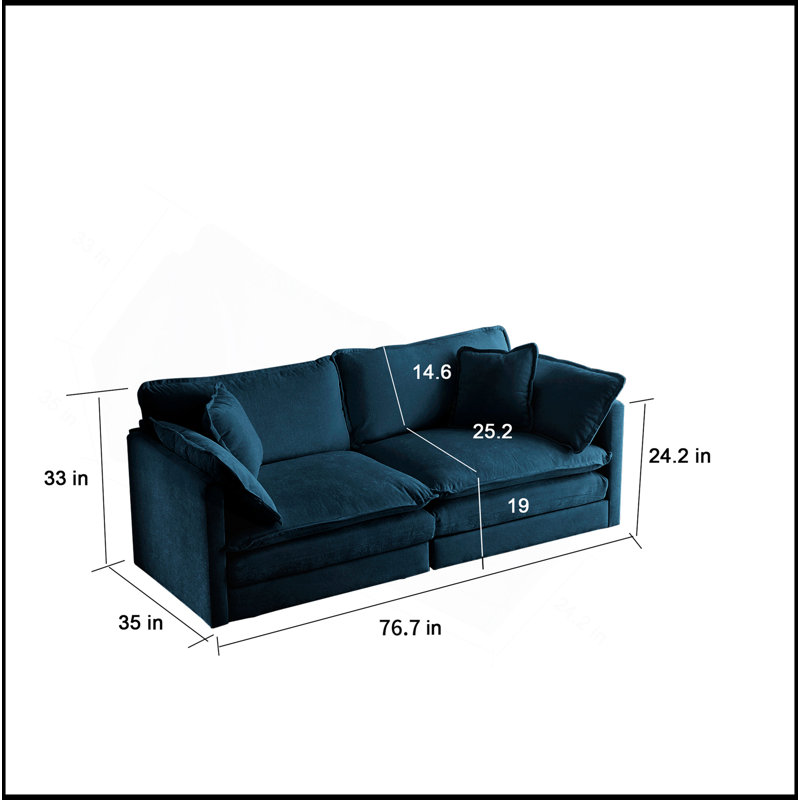 Canapé pour causeuse moderne en tissu de grande taille à 2 places avec 4 coussins, chenille bleue, Bleu