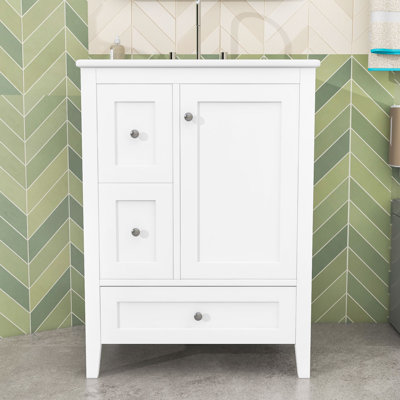 Meuble-lavabo en bois avec tablettes de rangement, tiroirs et portes