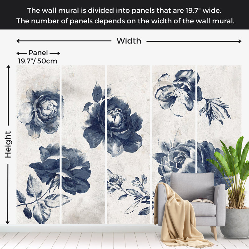 Papier peint floral - Jardin des souvenirs - bleu, L 27 po x l 39 po