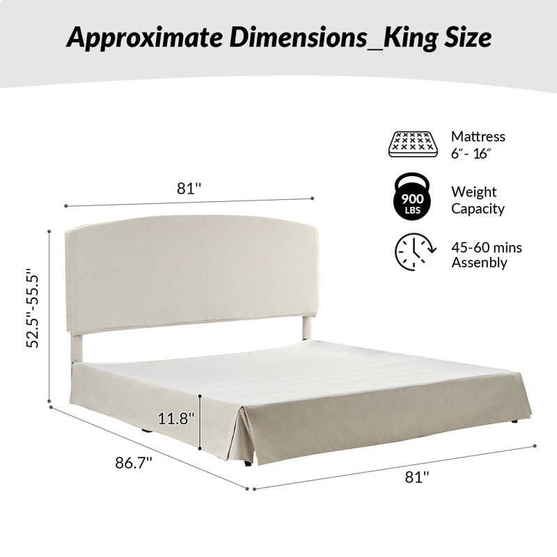  Finnin  81”W Modern Upholstered Platform Bed With Washable Slipcover, Tan, King