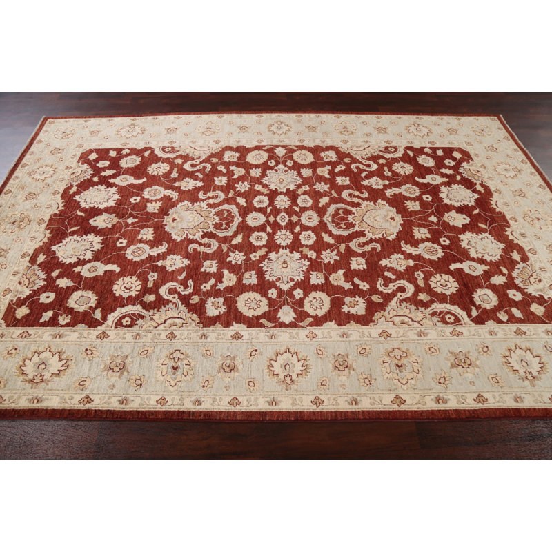 Tapis rouge en laine noué à la main de conception unique 6 pi 1 po x 9 pi 4 po Abderus