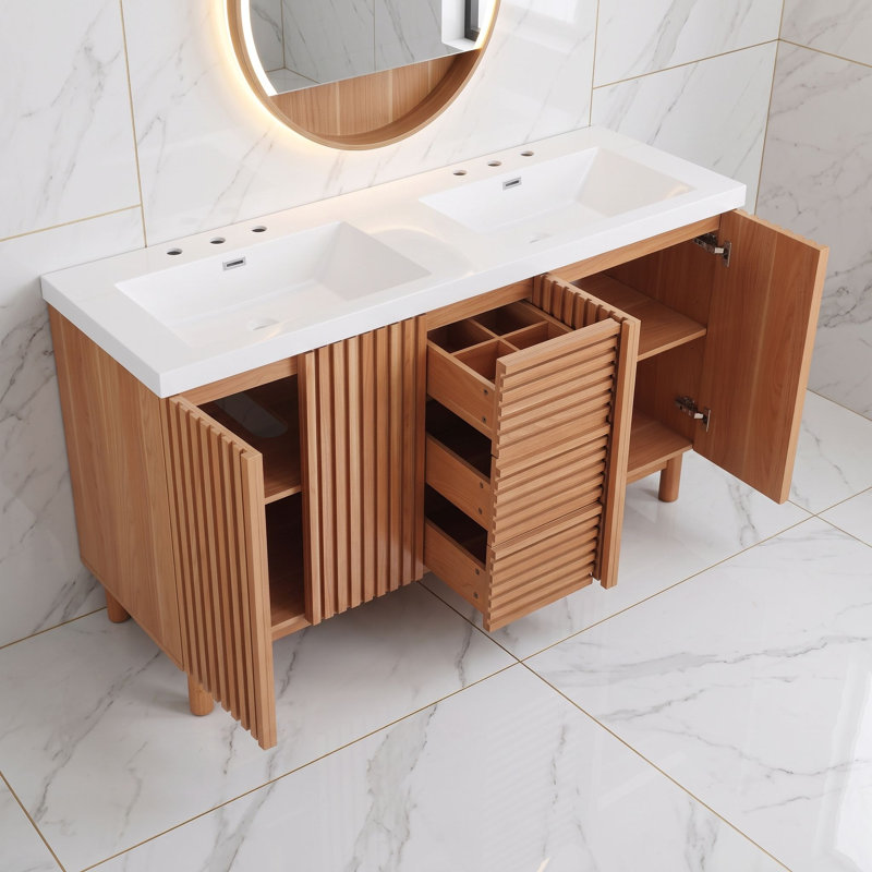 Meuble-lavabo moderne avec tablettes réglables, charnières à fermeture en douceur, double lavabo en résine SMC et tiroir divisé