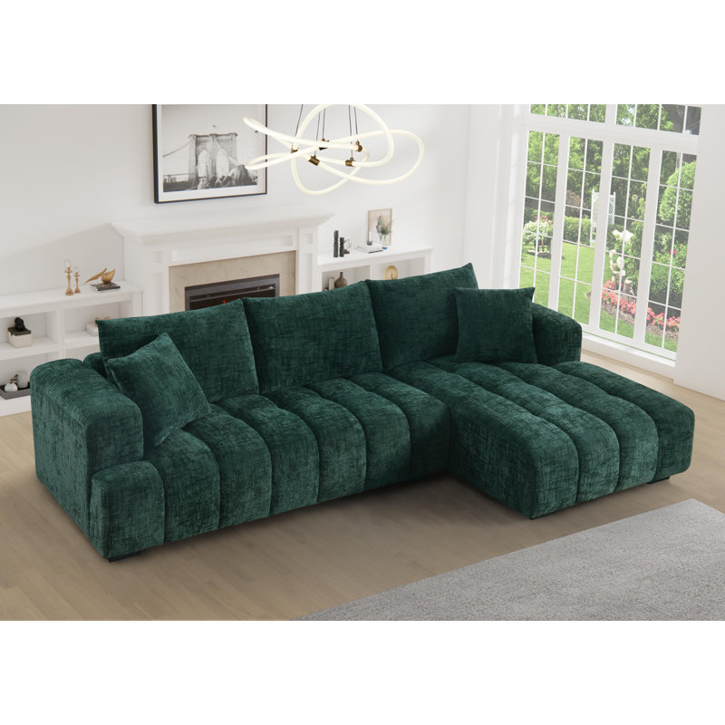 Modern Tufted Sectional Right-chaise Sofa , Chenille vert foncé, Orienté à droite, H 34,2 po x l 109,4 po x P 62,5 po