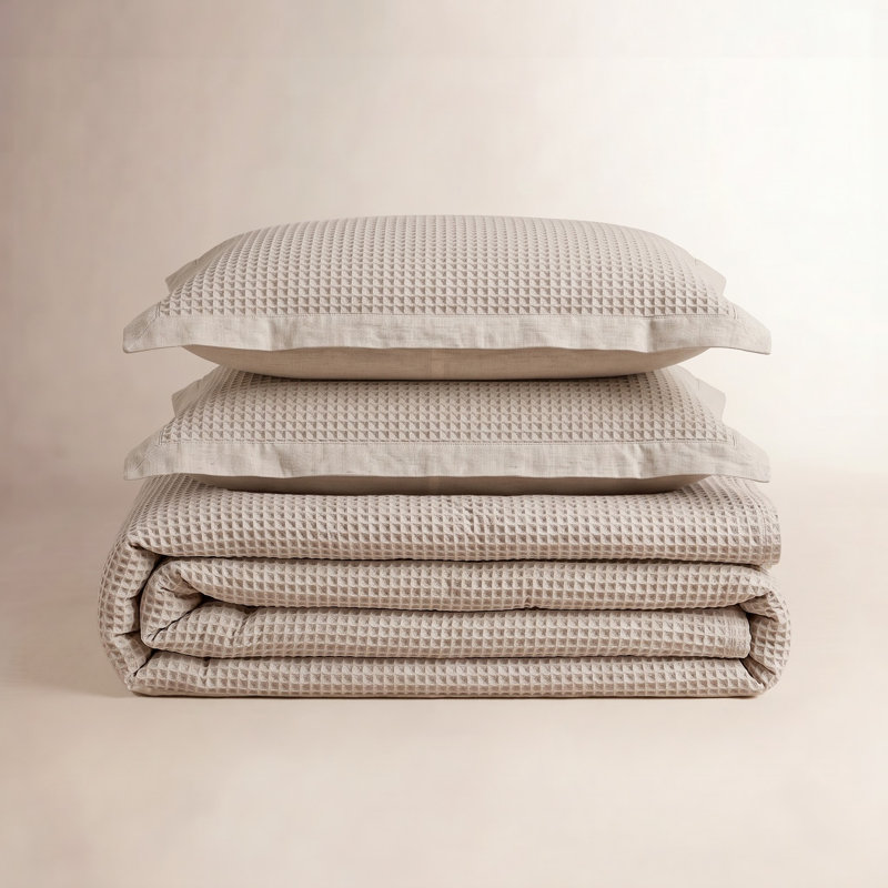 Bedsure Luxury Soft 100% Cotton Waffle Weave Plaid Duvet Cover, King Duvet Cover + 2 King Shams, Beige