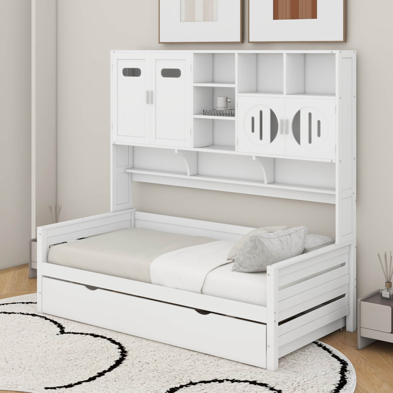 Lit de jour simple en bois avec lit gigogne et armoire
