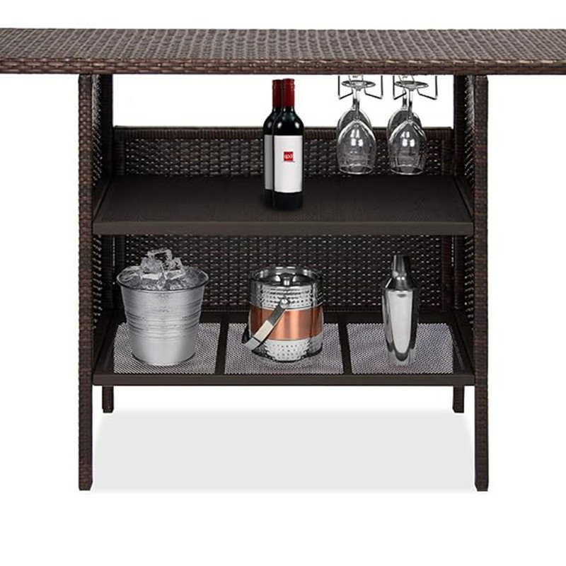 Table de bar d'extérieur en osier avec 2 tablettes en acier et structure en acier robuste, table légère - brun