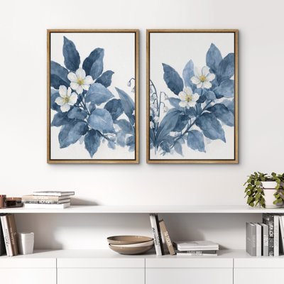 Blue Botanical Floral Framed Canvas Master Bedroom Wall Art Work 2 Pieces Print