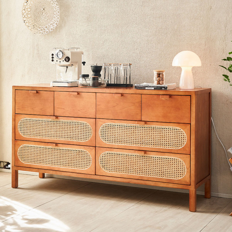Commode décorative simple en bois massif avec tiroir et rangement en rotin