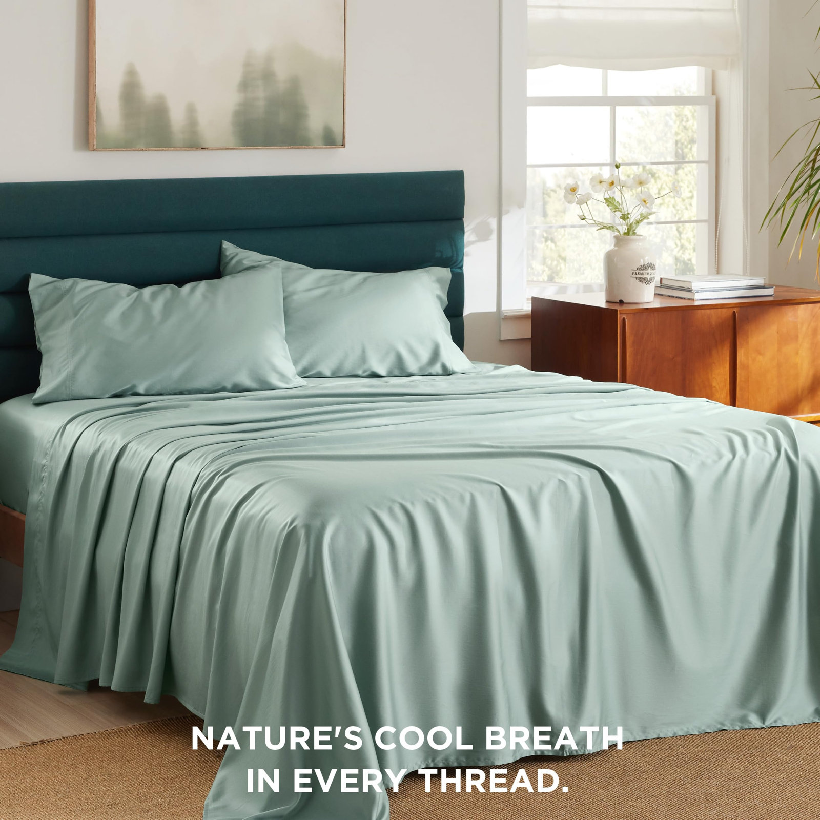 Lyocell Cotton Sheet Set, Green, King Sheet Set with 1Fitted Sheet and 2Pillowcases